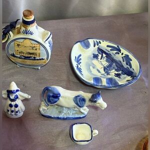Ceramic Blue/White Souvenir small Set of 5. Liquor bottle,ashtray,cow,woman,cup